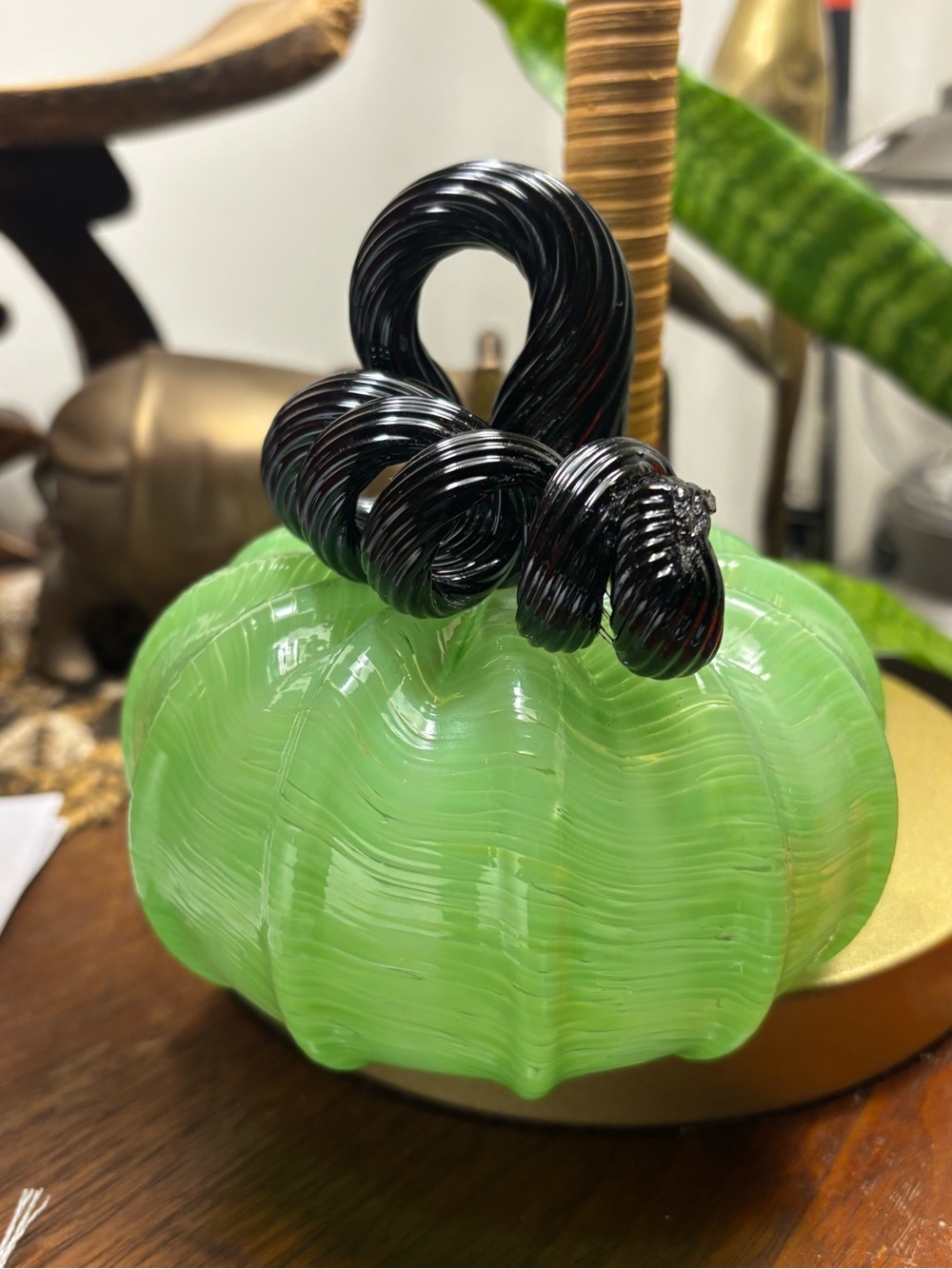 Green Glass Pumpkin with Black Curled Stem
